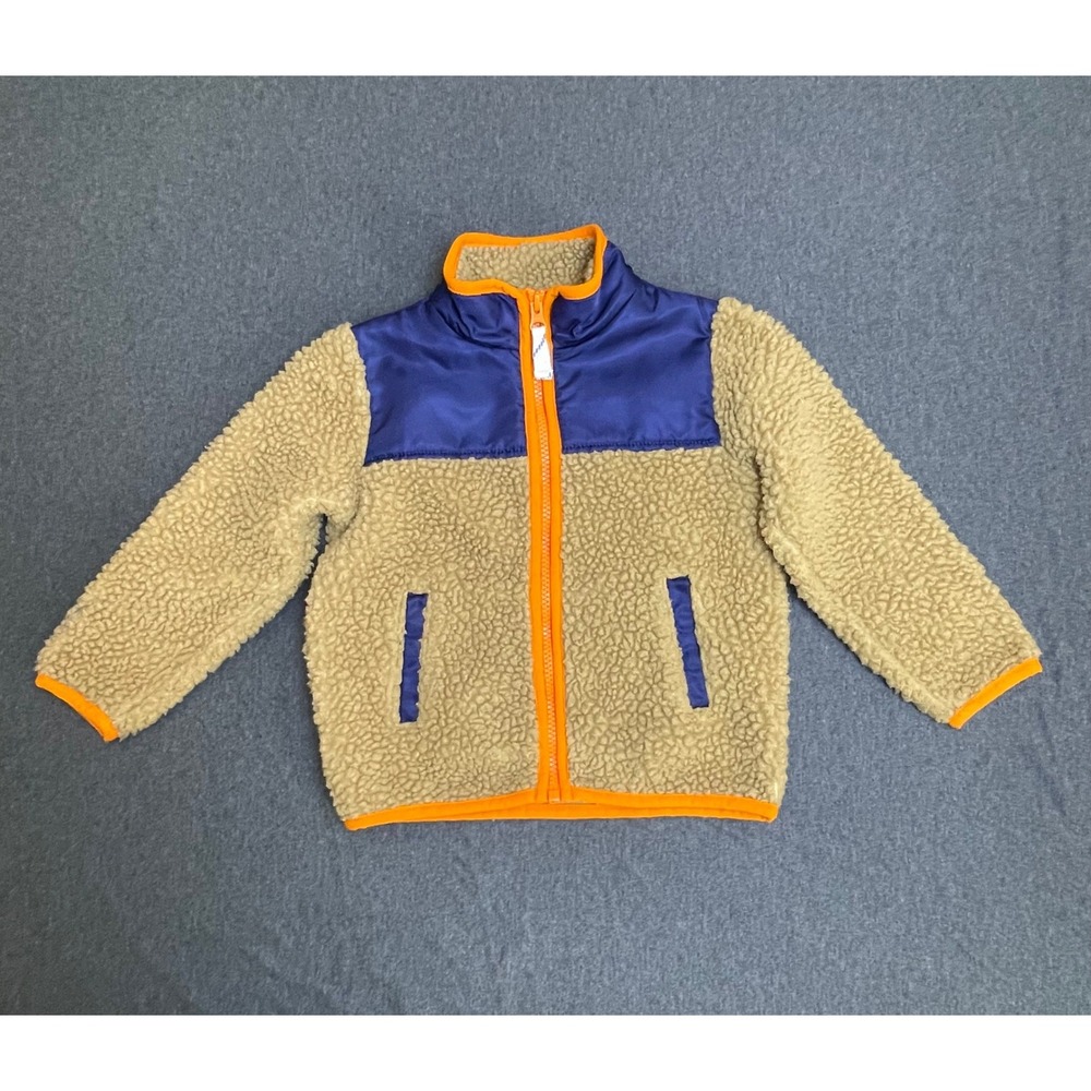 Crewcuts Kids Sherpa Fleece Jacket Size 3‎ Tan Blue Orange Colorblock Zip Up